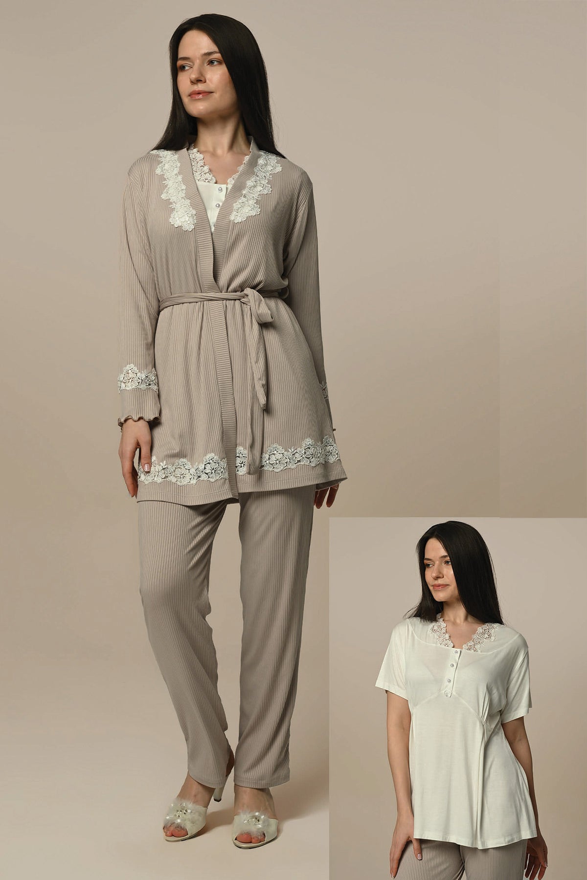 Lace Detailed 3-Pieces Maternity & Nursing Pajamas With Robe Ecru - 24314