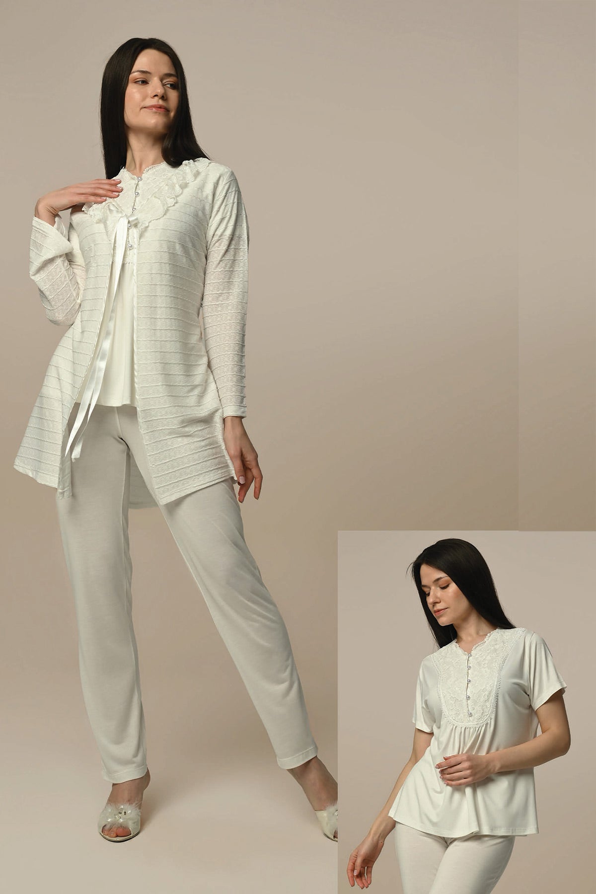 Guipure Collar 3-Pieces Maternity & Nursing Pajamas With Robe Ecru - 24316