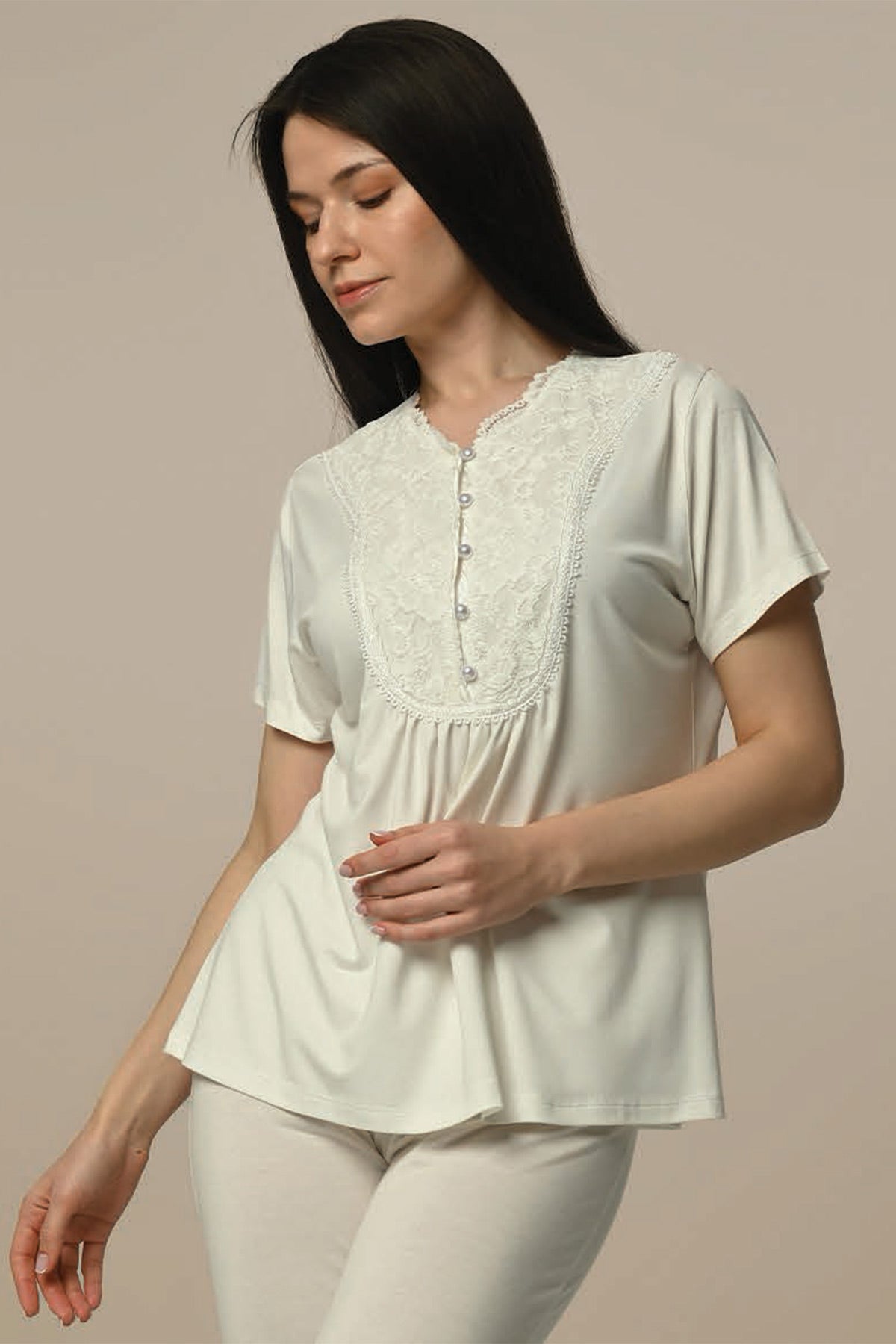 Guipure Collar 3-Pieces Maternity & Nursing Pajamas With Robe Ecru - 24316