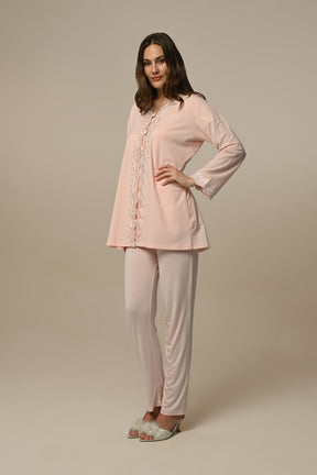 Lace Edge 3-Pieces Maternity & Nursing Pajamas With Robe Ecru - 24319