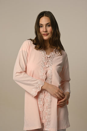 Lace Edge 3-Pieces Maternity & Nursing Pajamas With Robe Ecru - 24319