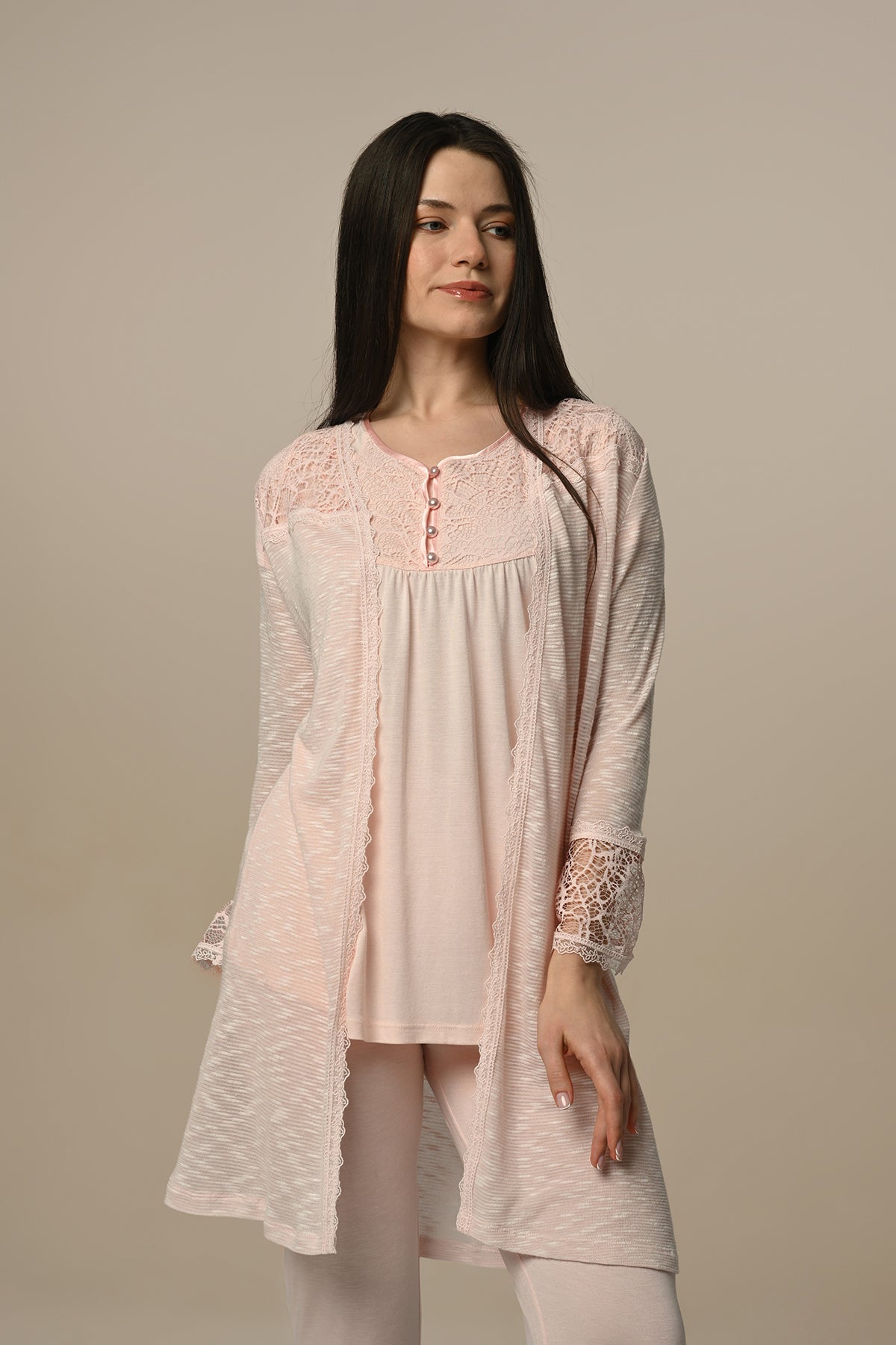 Melande Lace Sleeve 3-Pieces Maternity & Nursing Pajamas With Robe Powder - 24321