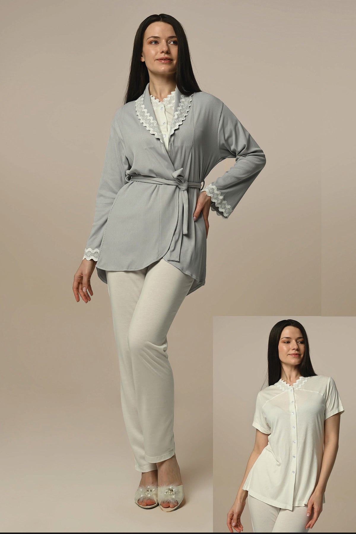 Lace Sleeve 3-Pieces Maternity & Nursing Pajamas With Robe Ecru - 24323