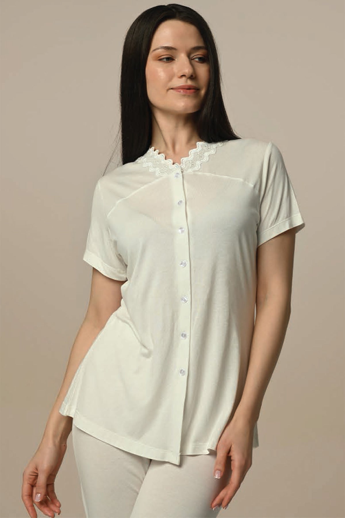 Lace Sleeve 3-Pieces Maternity & Nursing Pajamas With Robe Ecru - 24323