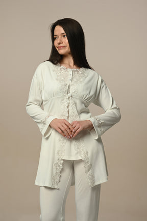 Lace Edge 3-Pieces Maternity & Nursing Pajamas With Ribbed Robe Ecru - 24324