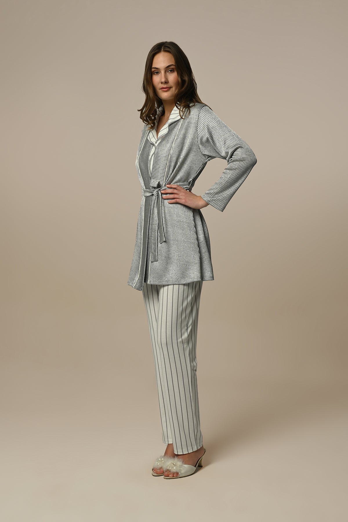 Stripe 3-Pieces Maternity & Nursing Pajamas With Robe Ecru - 24325