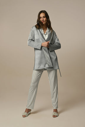 Stripe 3-Pieces Maternity & Nursing Pajamas With Robe Ecru - 24325