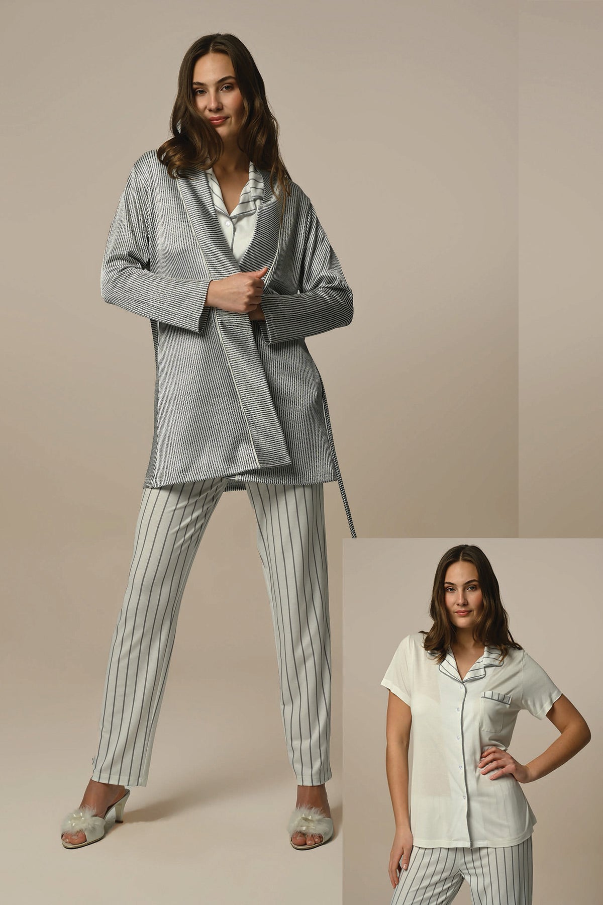 Stripe 3-Pieces Maternity & Nursing Pajamas With Robe Ecru - 24325