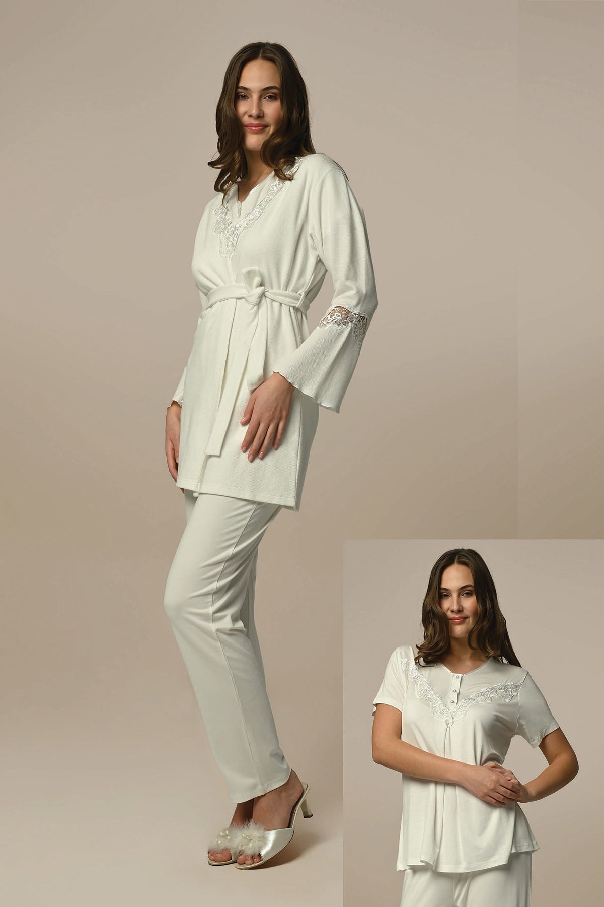 Lace 3-Pieces Maternity & Nursing Pajamas With Flywheel Arm Robe Ecru - 24329