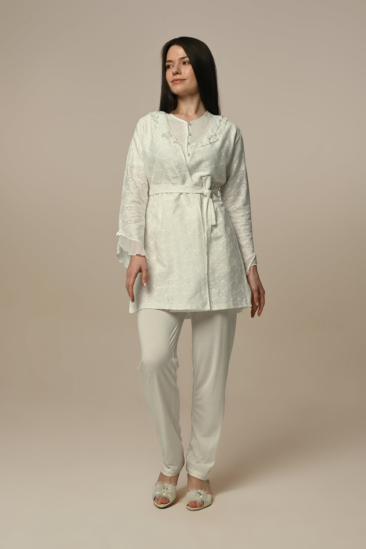 Tulle Lace 3-Pieces Maternity & Nursing Pajamas With Jacquard Robe Ecru - 24330