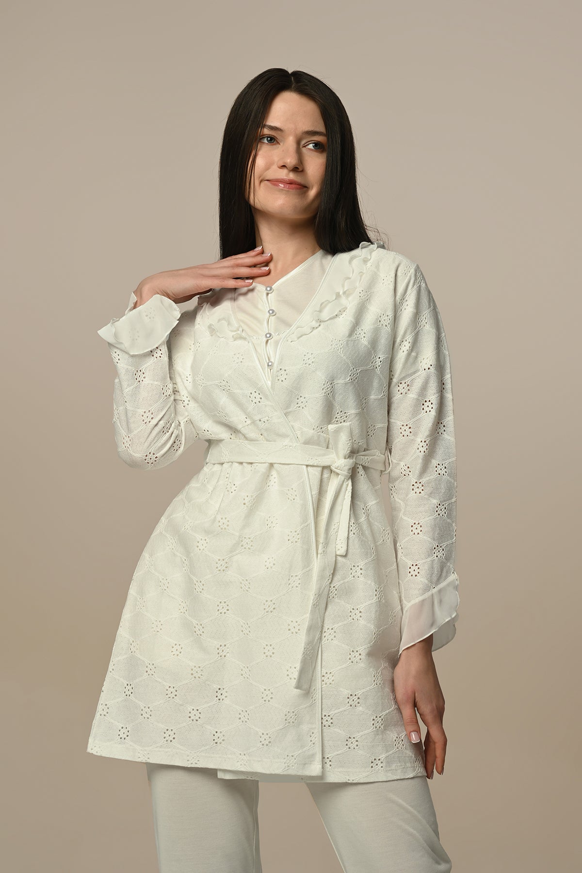 Tulle Lace 3-Pieces Maternity & Nursing Pajamas With Jacquard Robe Ecru - 24330