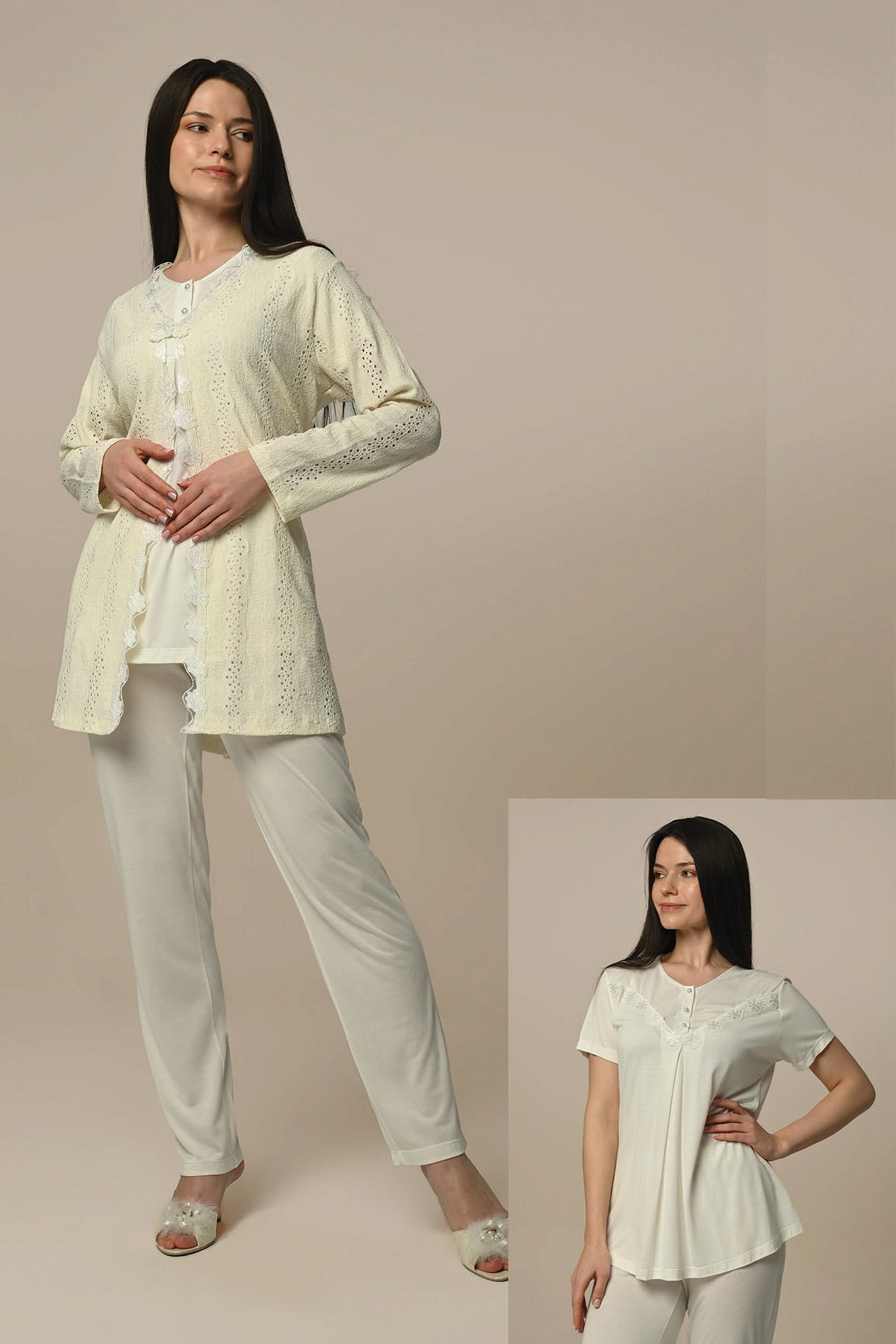 Motif Embroidered 3-Pieces Maternity & Nursing Pajamas With Robe Ecru - 24332