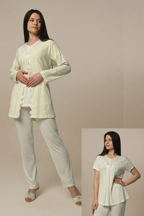 Motif Embroidered 3-Pieces Maternity & Nursing Pajamas With Robe Ecru - 24332