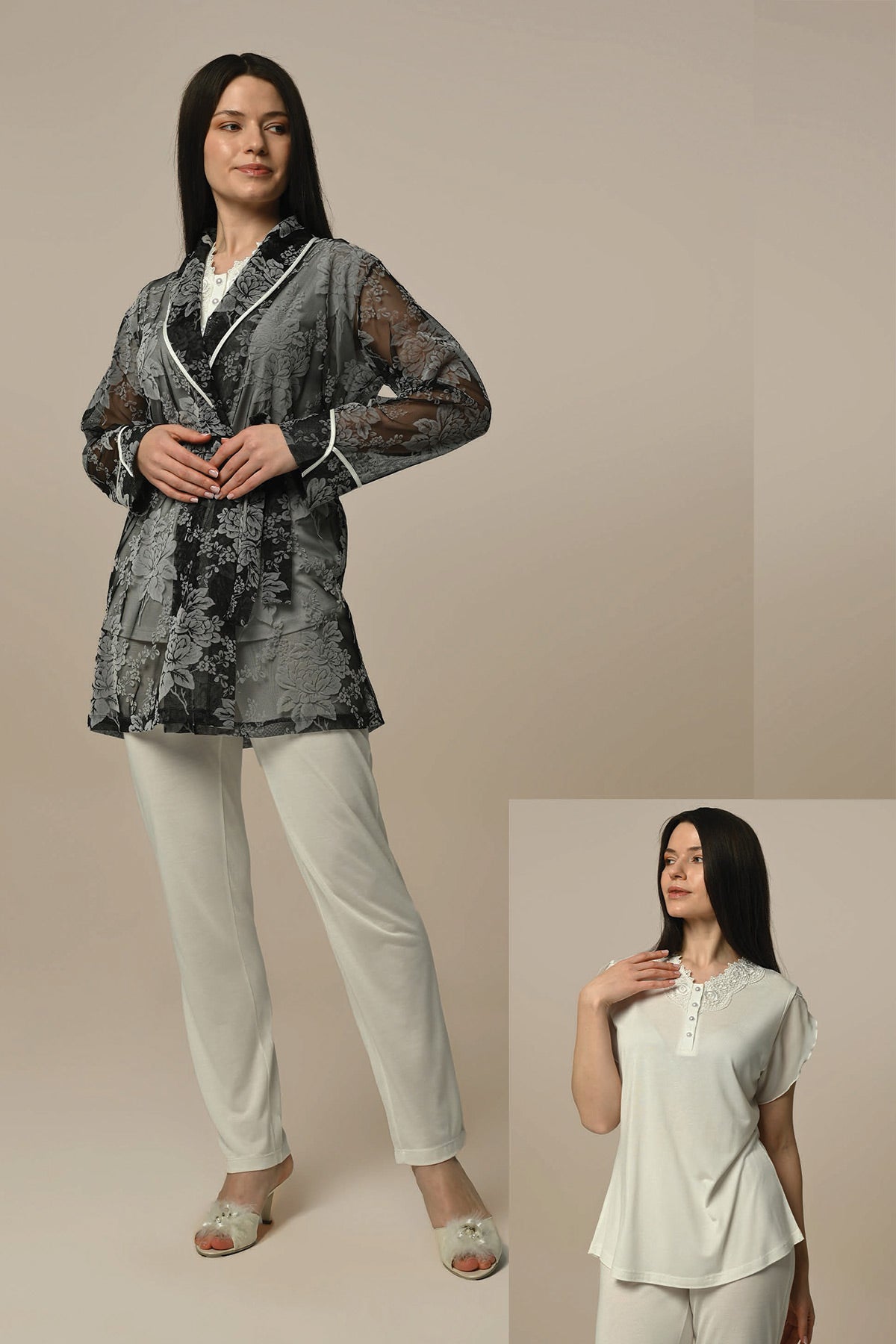 Lace Collar 3-Pieces Maternity & Nursing Pajamas With Flower Jacquard Robe Ecru - 24333