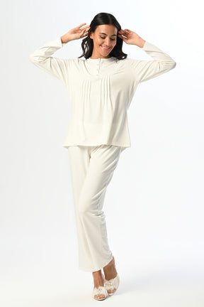 Lace Collar 3-Pieces Maternity & Nursing Pajamas With Melange Robe Ecru - 24334