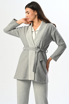 Shirt Collar 3-Pieces Maternity & Nursing Pajamas With Melange Robe Ecru - 24335