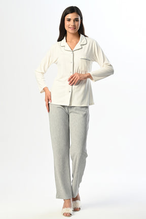 Shirt Collar 3-Pieces Maternity & Nursing Pajamas With Melange Robe Ecru - 24335