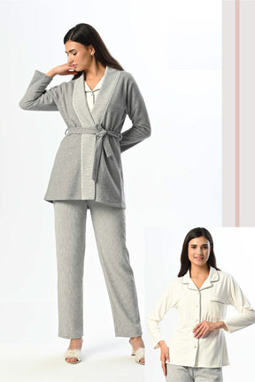 Shirt Collar 3-Pieces Maternity & Nursing Pajamas With Melange Robe Ecru - 24335