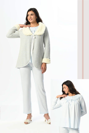 Fur Collar 3-Pieces Maternity & Nursing Pajamas With Robe Blue - 24347