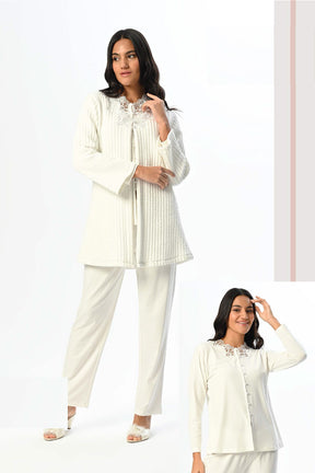 Lace Collar 3-Pieces Maternity & Nursing Pajamas With Ribbed Robe Ecru - 24349