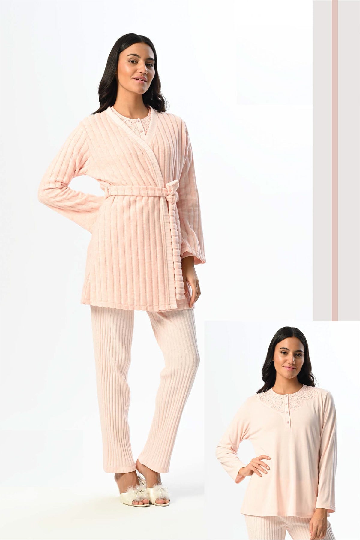 Rİbbed 3-Pieces Maternity & Nursing Pajamas With Polar Robe Powder - 24354