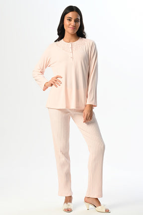 Rİbbed 3-Pieces Maternity & Nursing Pajamas With Polar Robe Powder - 24354