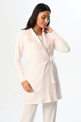 Ribbed Lace Collar 3-Piece Maternity-Nursing Pajama & Robe Set Ecru - 24356