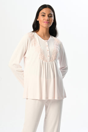 Ribbed Lace Collar 3-Piece Maternity-Nursing Pajama & Robe Set Ecru - 24356