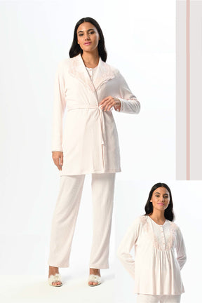 Ribbed Lace Collar 3-Piece Maternity-Nursing Pajama & Robe Set Ecru - 24356