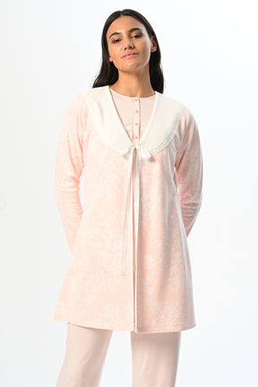 Guipure Collar 3-Piece Maternity-Nursing Pajama & Jacquard Robe Set Pink - 24358