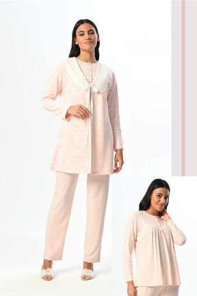 Guipure Collar 3-Piece Maternity-Nursing Pajama & Jacquard Robe Set Pink - 24358