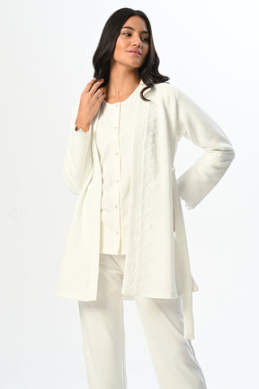 Embroidered 3-Piece Maternity-Nursing Pajama & Robe Set Ecru - 24365