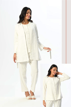 Embroidered 3-Piece Maternity-Nursing Pajama & Robe Set Ecru - 24365