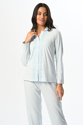 Ruffled Lace 3-Pieces Maternity & Nursing Pajamas With Robe Blue - 24367