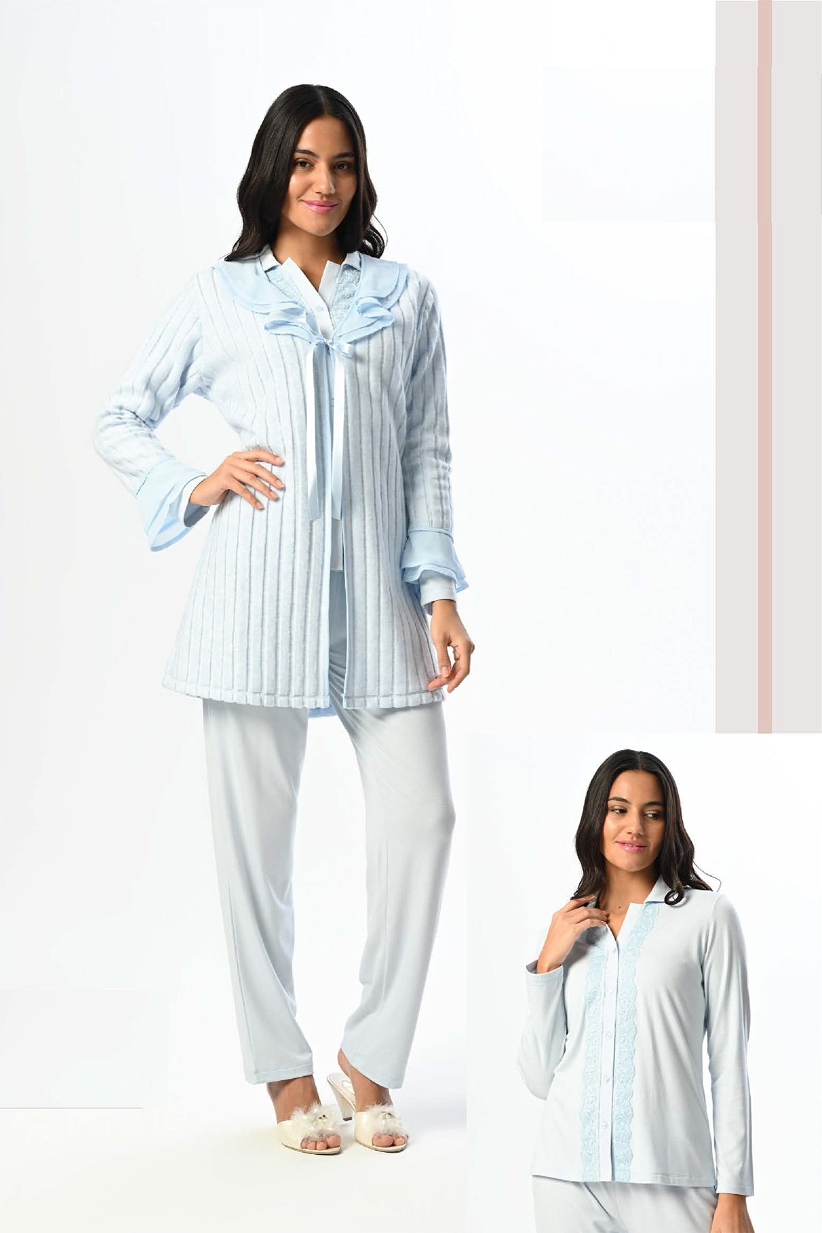 Ruffled Lace 3-Pieces Maternity & Nursing Pajamas With Robe Blue - 24367