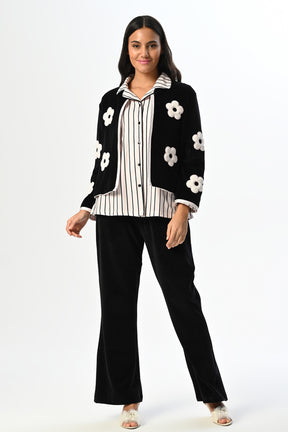 Flowery 3-Piece Maternity-Nursing Pajama & Robe Set Black - 24370