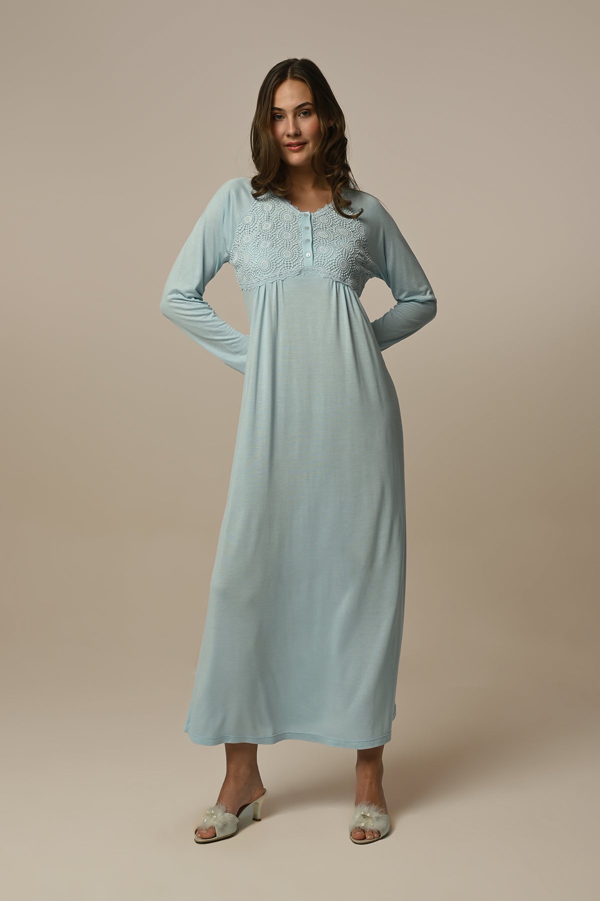 Guipure Collar Maternity & Nursing Nightgown Green - 24402