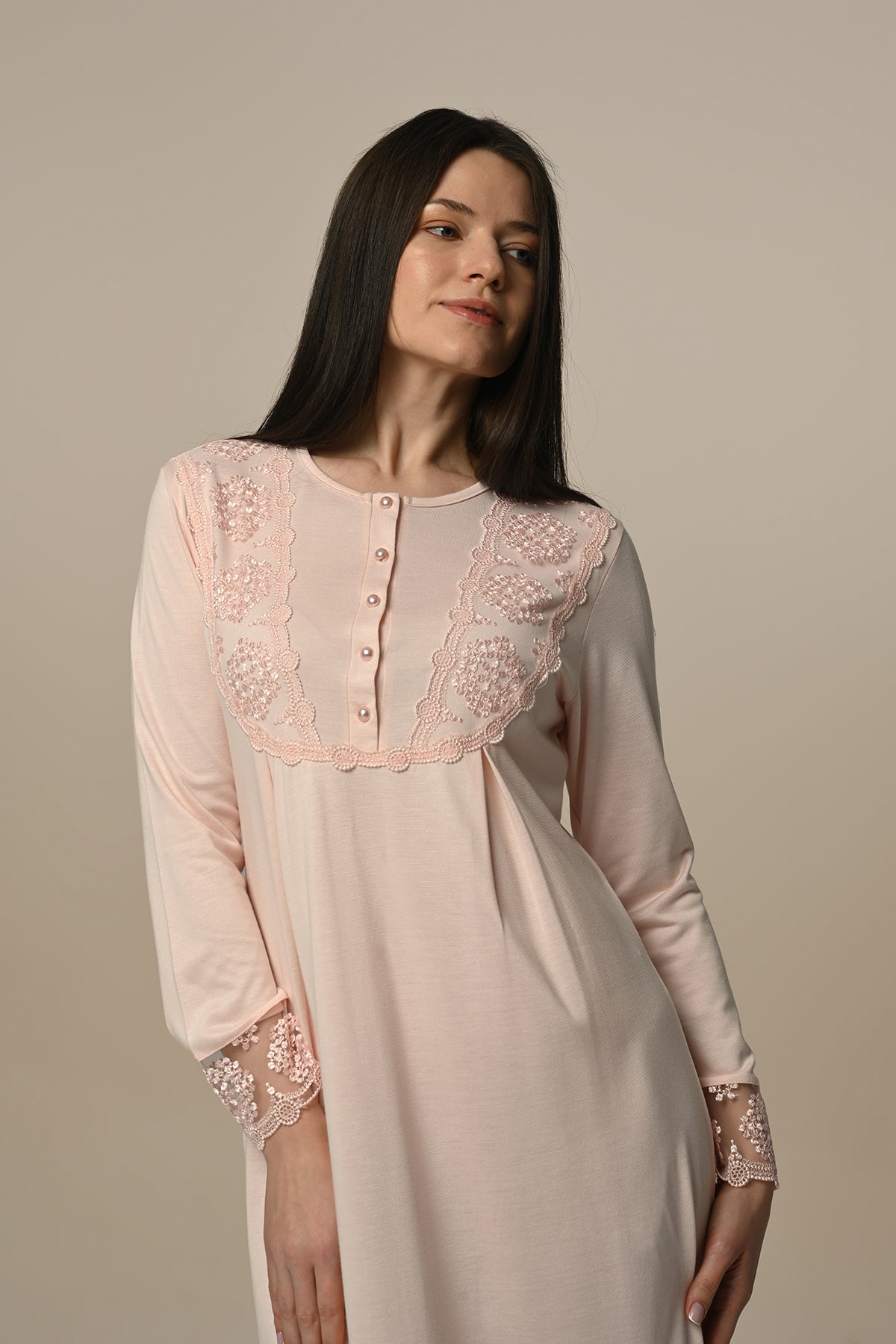 Lace Embroidered Maternity & Nursing Nightgown Powder - 24403