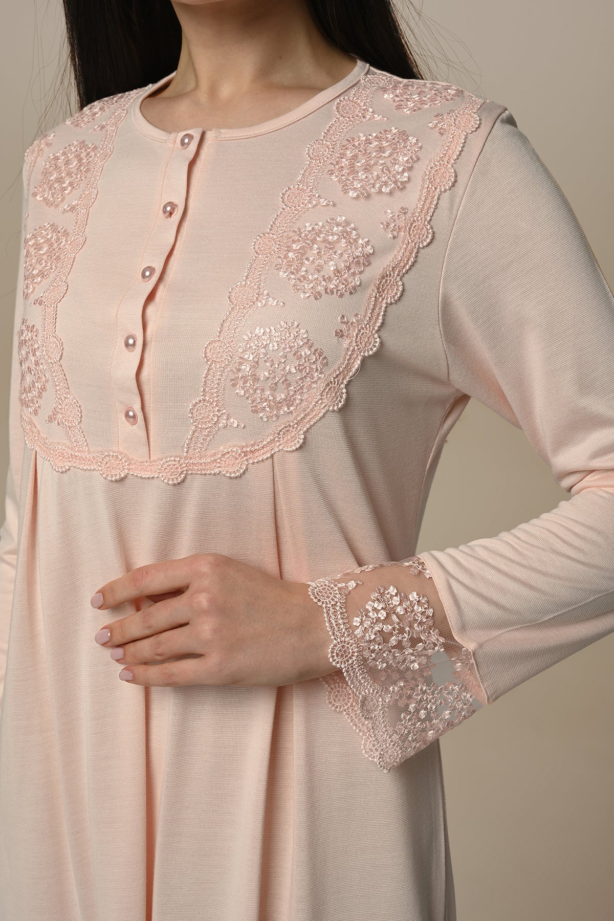 Lace Embroidered Maternity & Nursing Nightgown Powder - 24403