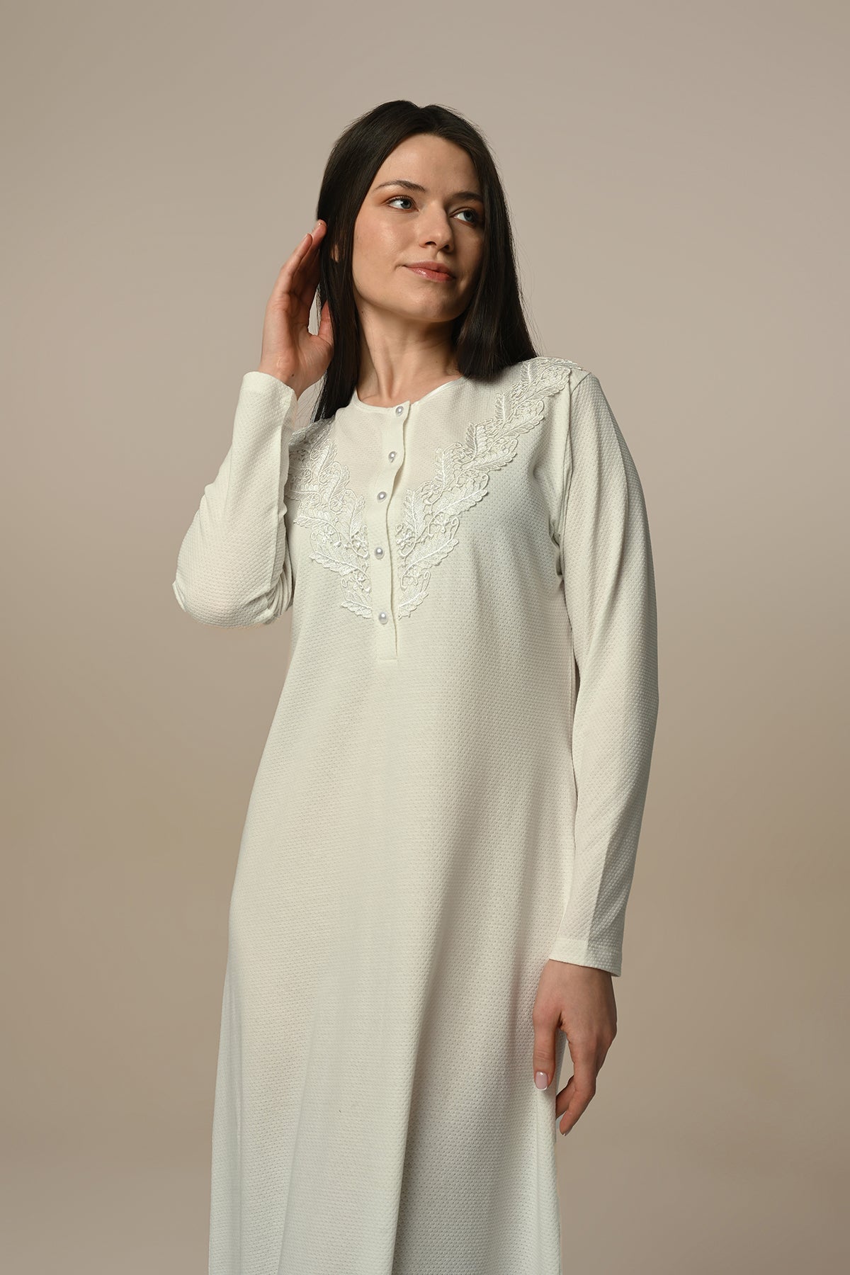 Lace Collar Maternity & Nursing Nightgown Ecru - 24404