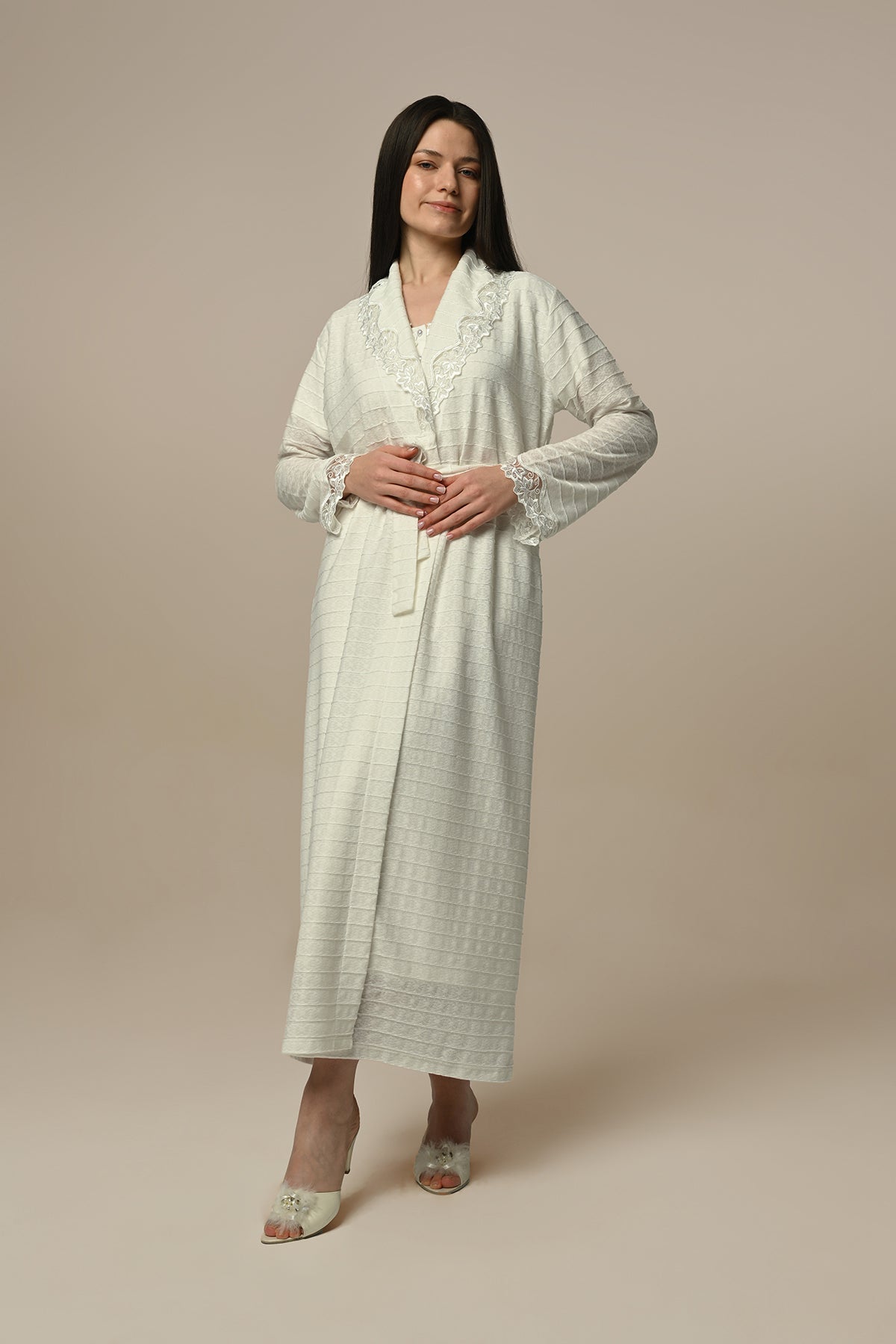 Lace Collar Maternity & Nursing Nightgown With Quilted Robe Ecru - 24502