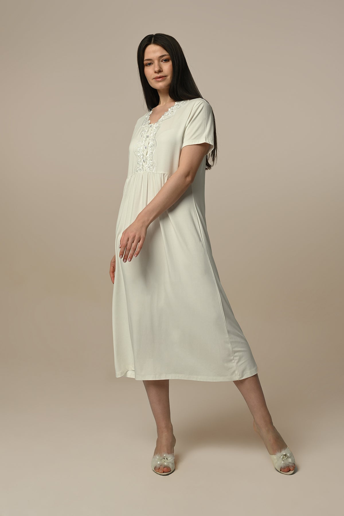 Lace Collar Maternity & Nursing Nightgown With Quilted Robe Ecru - 24502