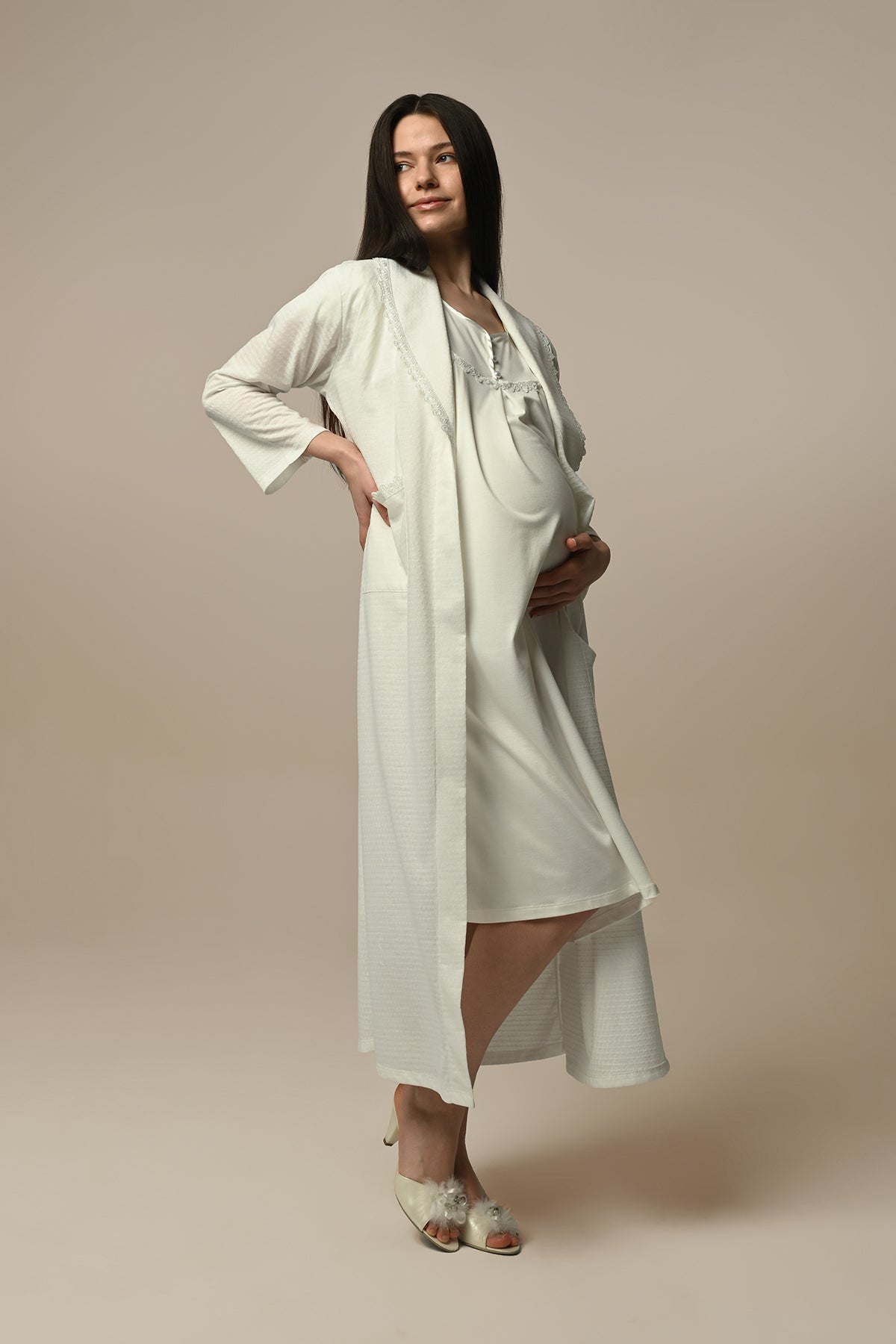 Lace Edge Maternity & Nursing Nightgown With Robe Ecru - 24503