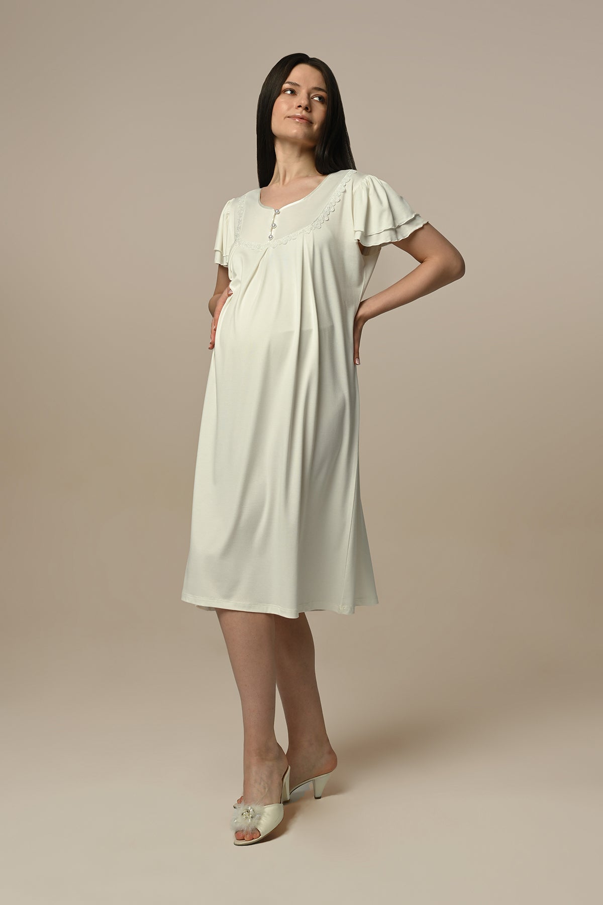 Lace Edge Maternity & Nursing Nightgown With Robe Ecru - 24503