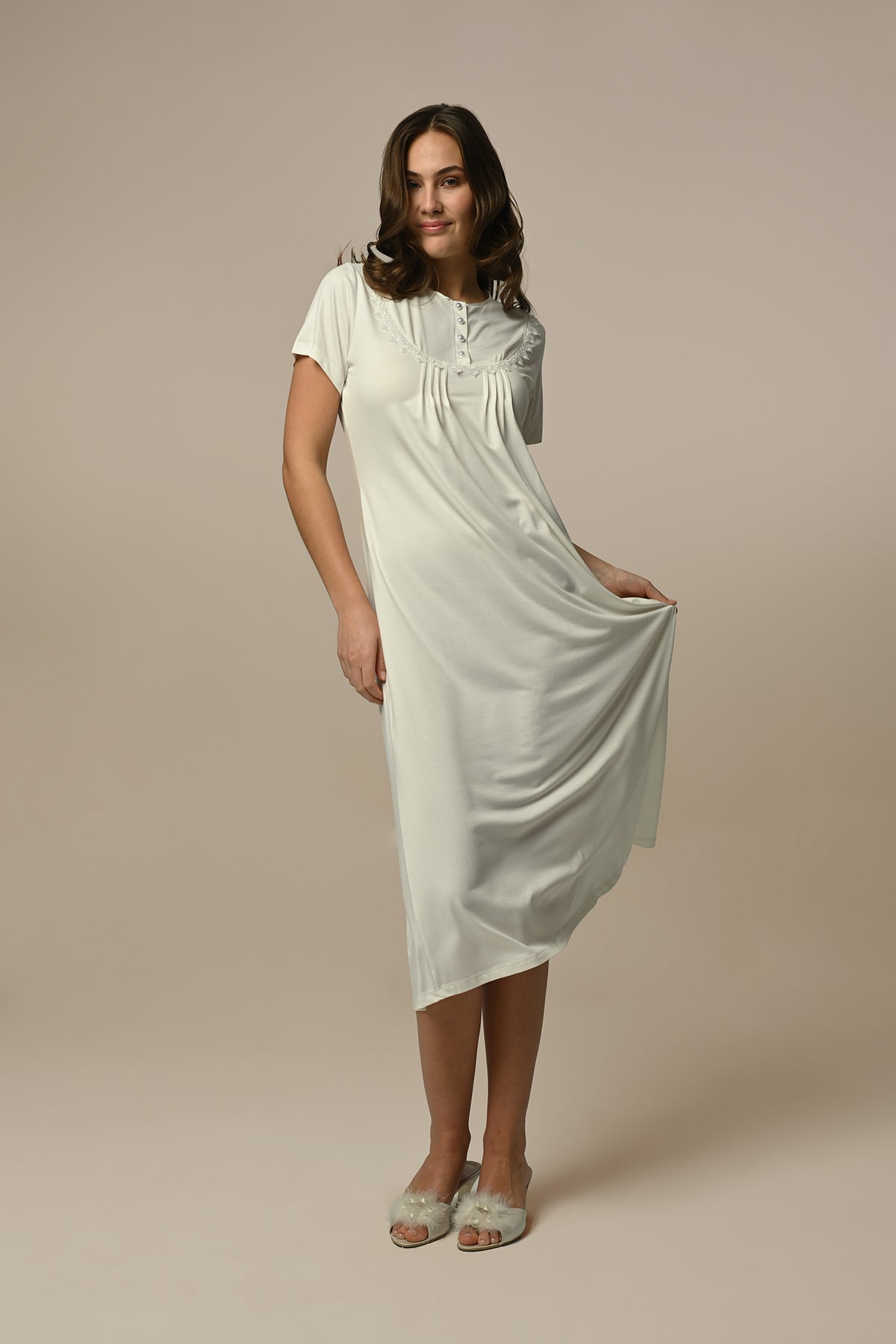 Flower Lace Collar Maternity & Nursing Nightgown With Ribbed Robe Ecru - 24504