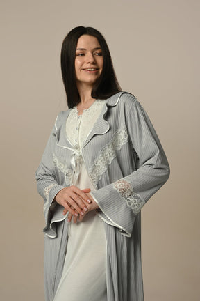 Lace Detailed Maternity & Nursing Nightgown With Robe Ecru - 24507