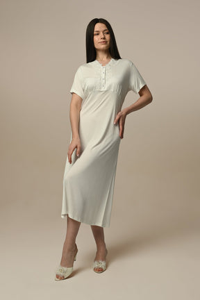 Lace Detailed Maternity & Nursing Nightgown With Robe Ecru - 24507