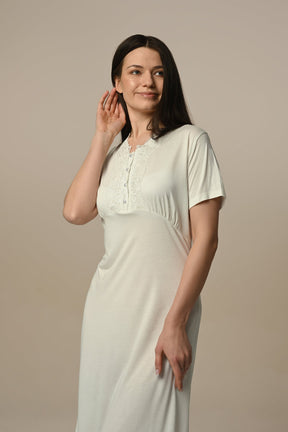 Lace Detailed Maternity & Nursing Nightgown With Robe Ecru - 24507