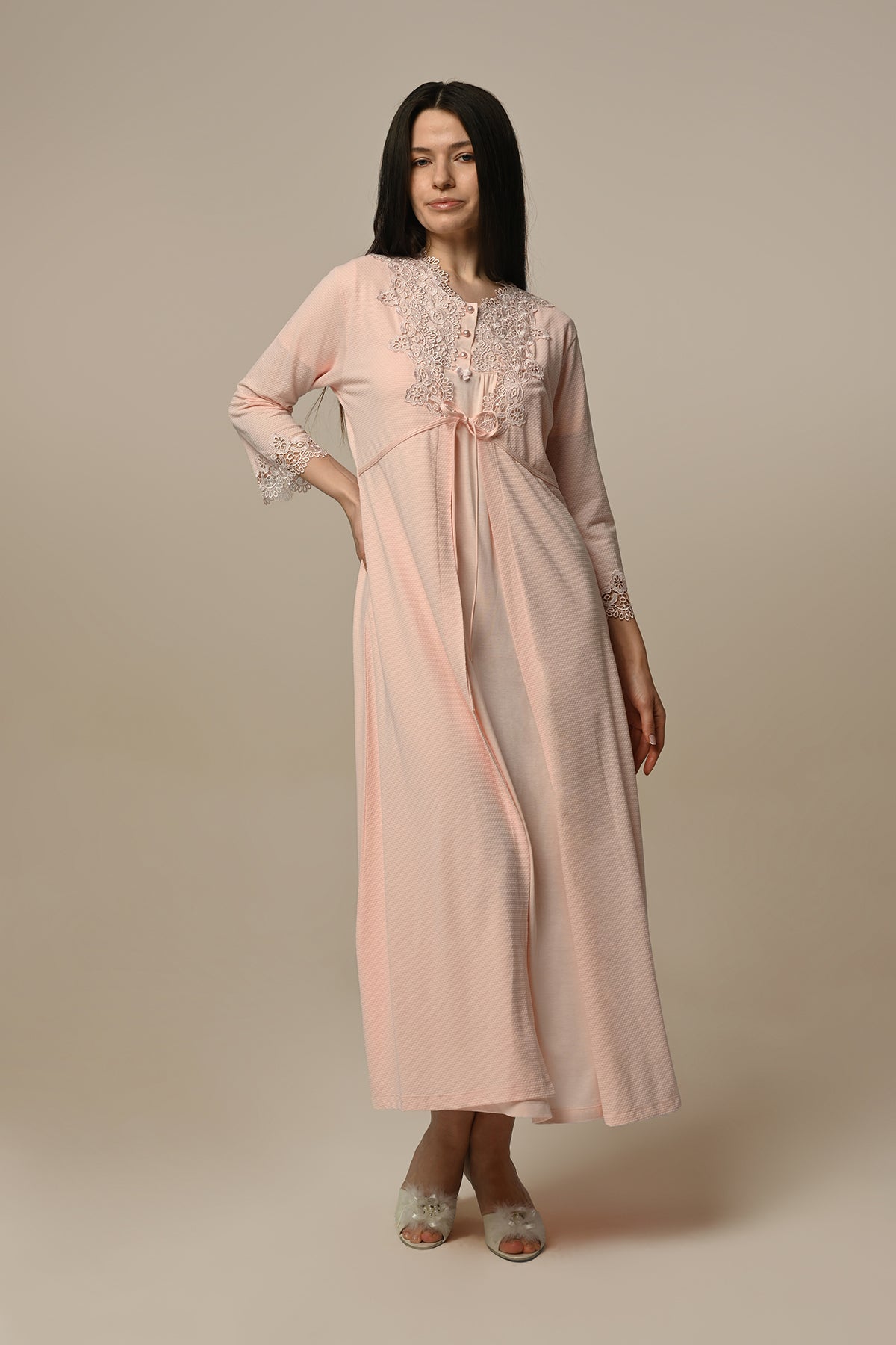 Lace Embroidered Maternity & Nursing Nightgown With Robe Powder - 24509