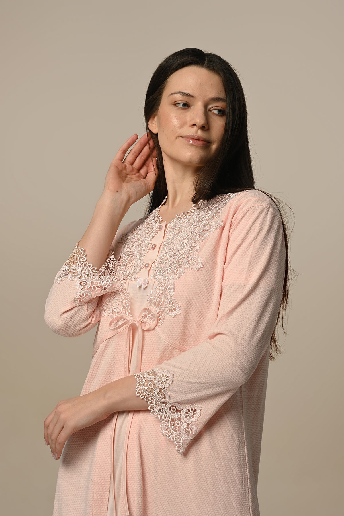 Lace Embroidered Maternity & Nursing Nightgown With Robe Powder - 24509